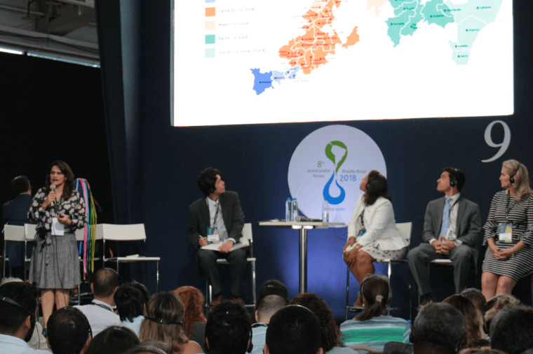 Andrea Azevedo, head of engagement and participation of the Renova Foundation, speaks during a session on the recovery of the Doce River basin at the World Water Forum. | Photo: Released